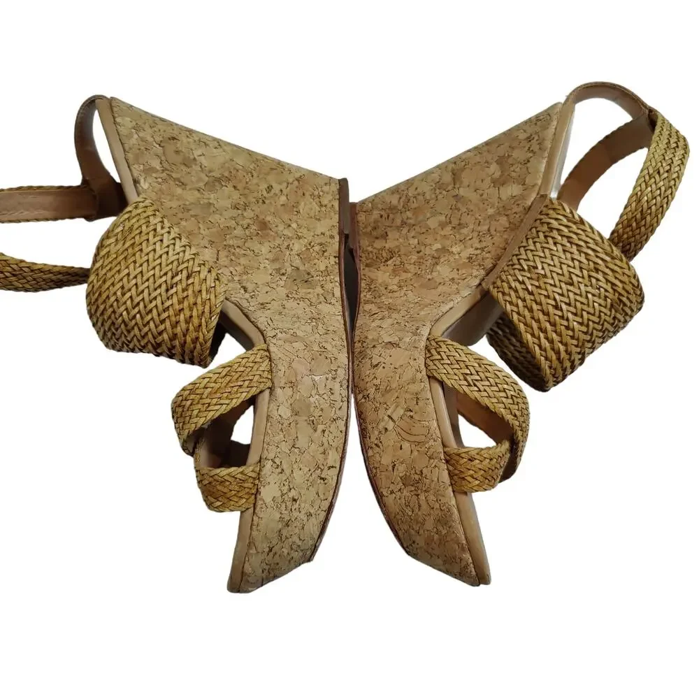 Loeffler Randall Women's Sz 9.5 Lake Strappy Woven Cork High Wedge Sandal Tan